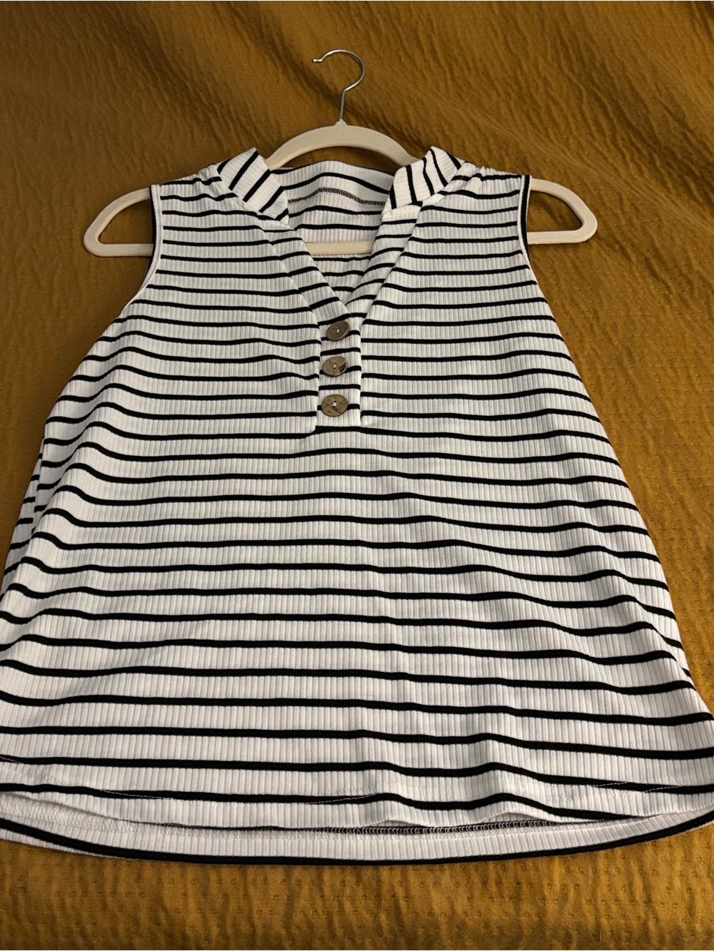 SHEIN Black & White Striped Sleeveless V-Neck Tank with Button Detail